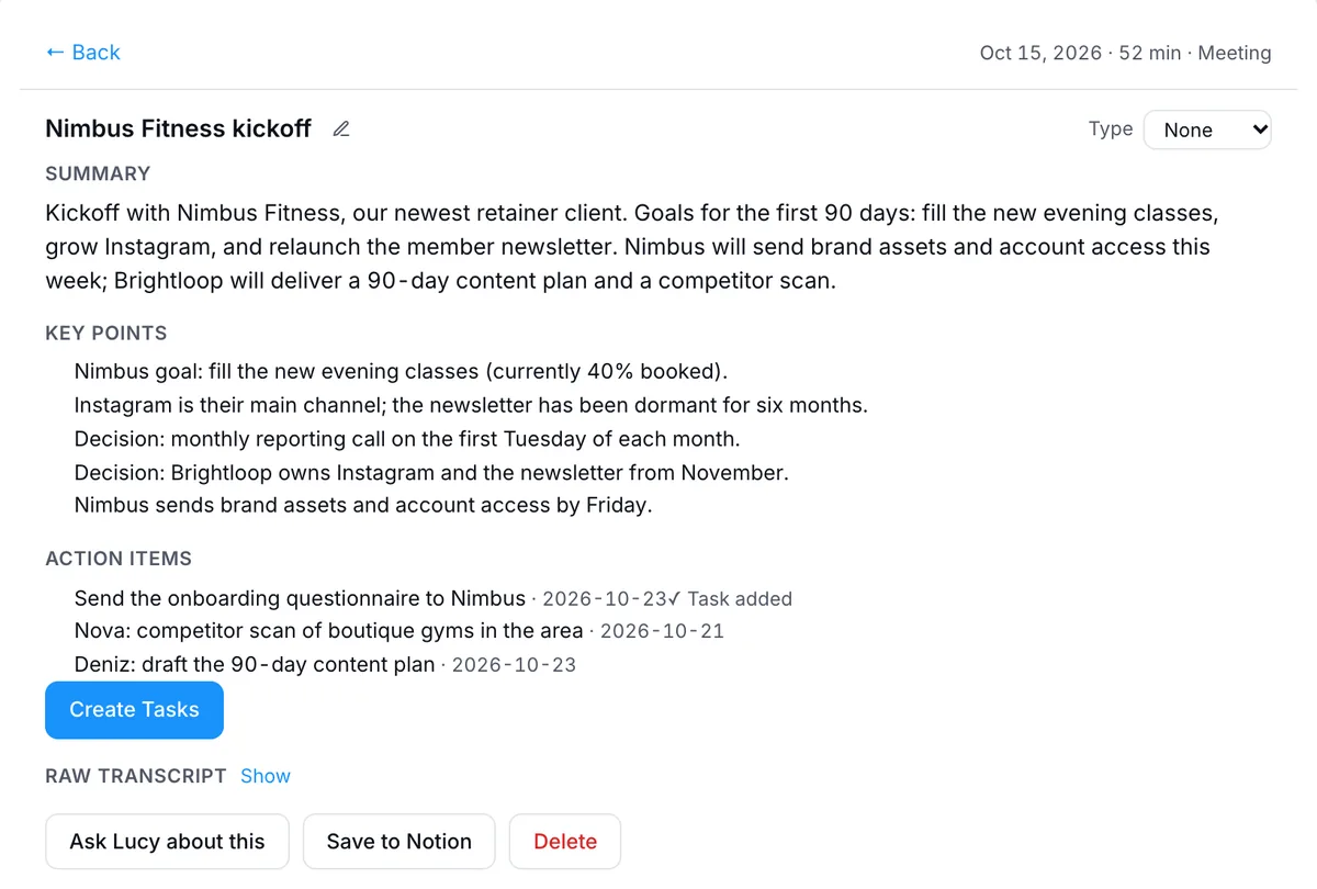 Meeting notes by Lucy with a summary, two decisions and three action items with due dates, above the Create Tasks button