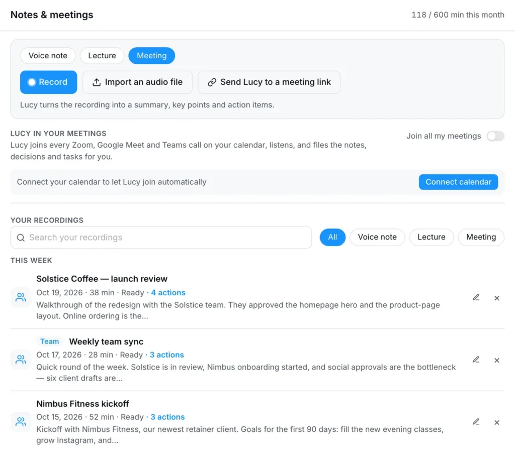 The Notes & meetings page in a PeerBie demo workspace: record, import an audio file or send Lucy to a meeting link, the Lucy in your meetings switch, and three recent meetings with their action items