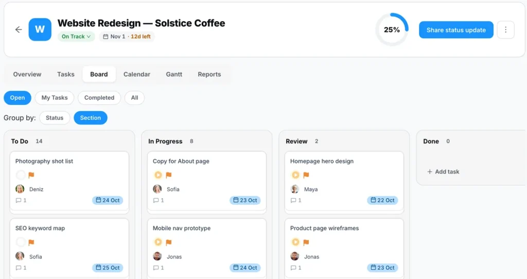 PeerBie project board with tasks grouped by status, each showing an owner and a due date