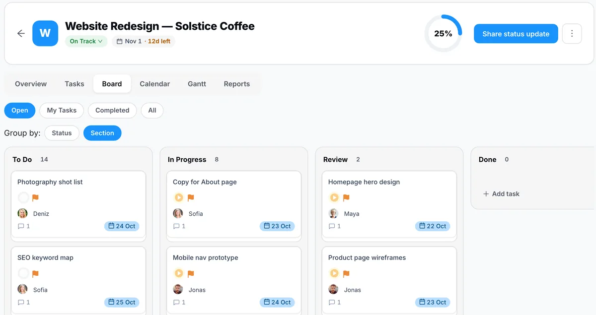 PeerBie project board with tasks grouped by status, each showing an owner and a due date