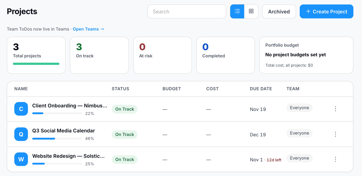 Demo çalışma alanında PeerBie proje listesi (arayüz İngilizce): ilerleme çubukları, bütçe ve maliyet sütunları, teslim tarihleri ve portföy bütçesi kartıyla üç müşteri projesi
