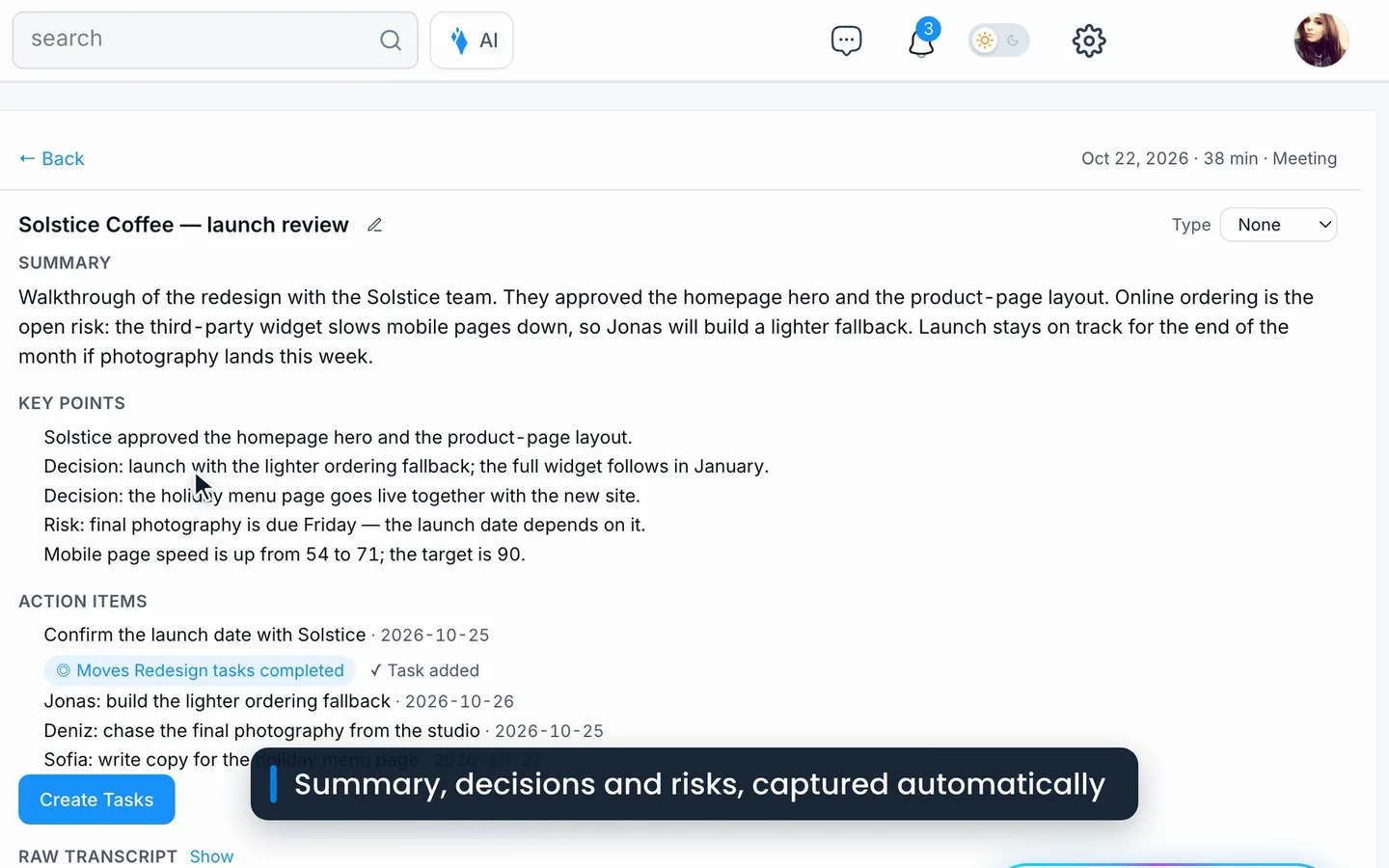 Still from the PeerBie demo video: Lucy&rsquo;s notes from a client launch review in a demo workspace (summary, key points and action items), captioned &ldquo;Summary, decisions and risks, captured automatically&rdquo;