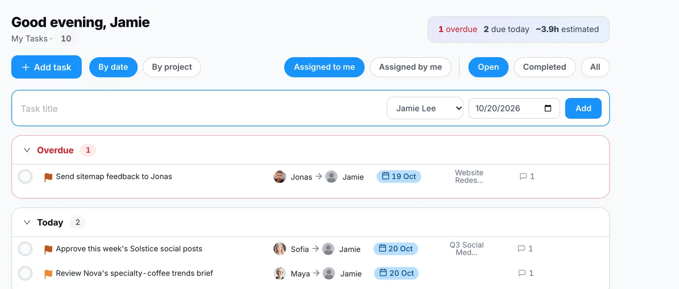 My Tasks with the quick-add row open: a task title, the person it is for, a due date and an Add button