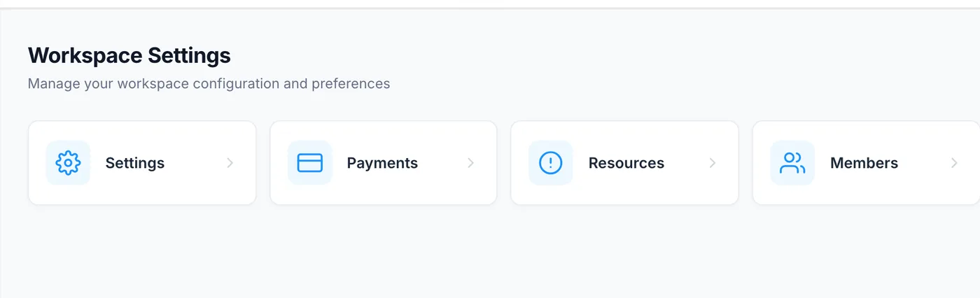 Workspace Settings in PeerBie with four tiles: Settings, Payments, Resources and Members
