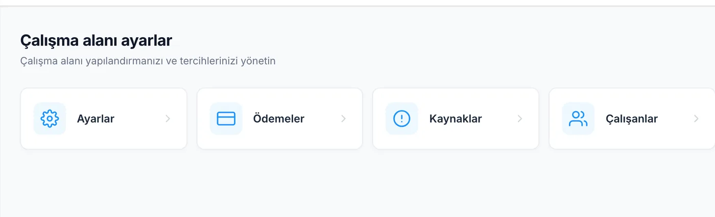 PeerBie’de çalışma alanı ayarları: Ayarlar, Ödemeler, Kaynaklar ve Çalışanlar kutucukları