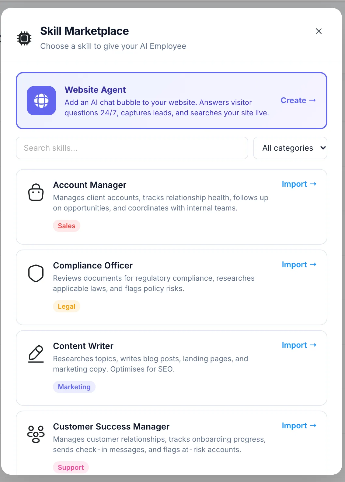 The Skill Marketplace in PeerBie: roles such as Account Manager, Content Writer and Customer Success Manager, each with an Import button