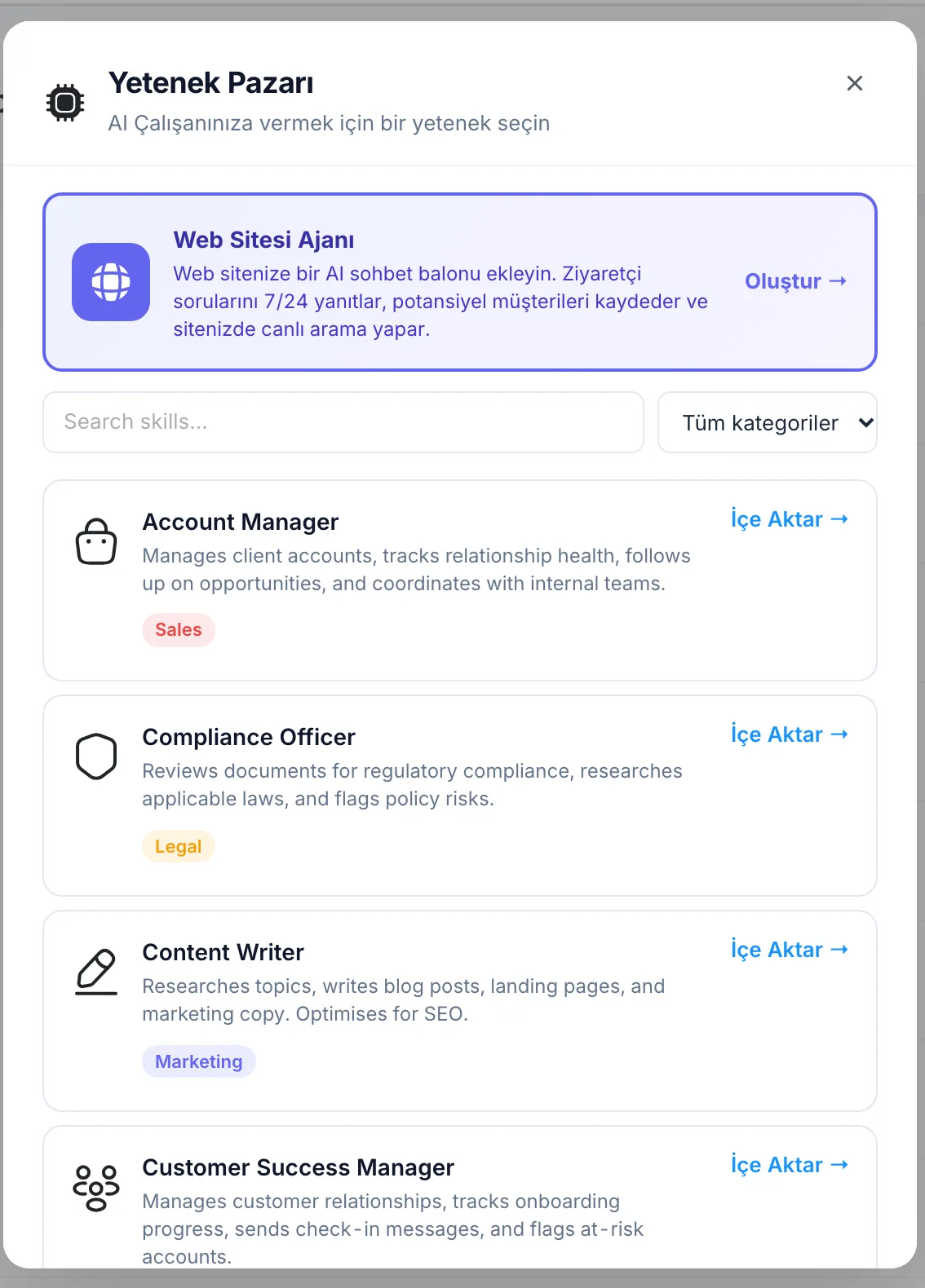 PeerBie’de Yetenek Pazarı: en üstte Web Sitesi Ajanı, bir arama kutusu ve her birinde İçe Aktar düğmesi olan Account Manager, Compliance Officer, Content Writer gibi roller