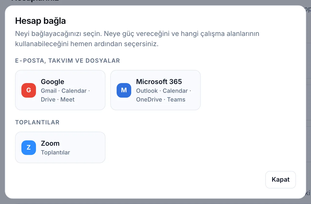 Hesap bağla penceresi: Gmail, Takvim, Drive ve Meet ile Google; Outlook, Takvim, OneDrive ve Teams ile Microsoft 365; toplantılar için Zoom