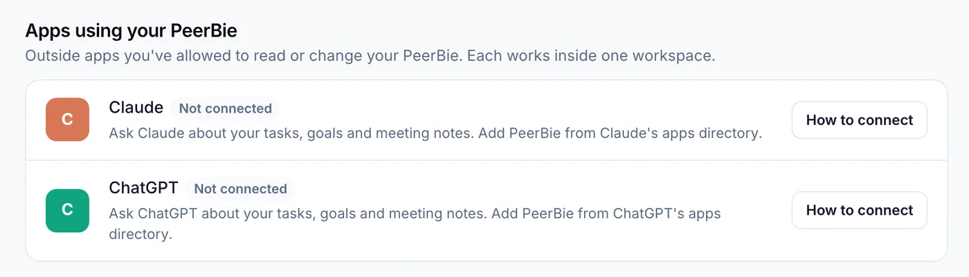 Apps using your PeerBie in Connections: Claude and ChatGPT, each with a How to connect button