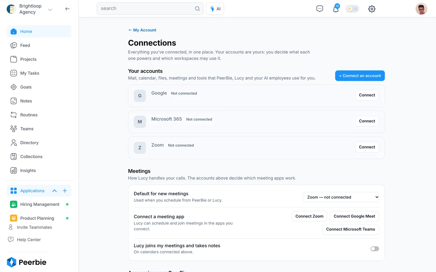 The Connections page in My Account with Google, Microsoft 365 and Zoom and a Connect button next to each