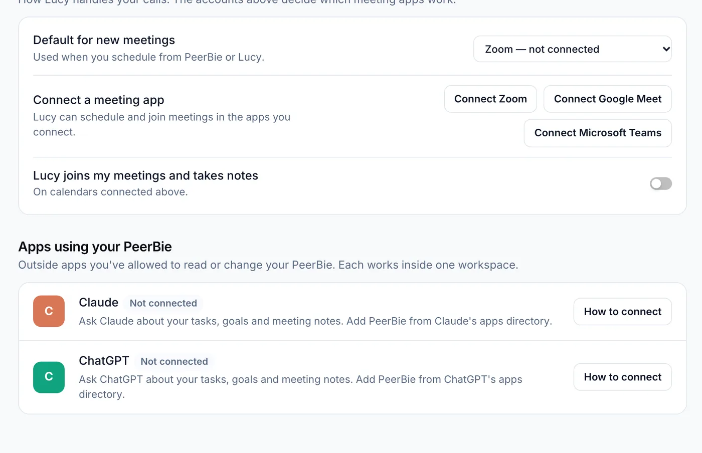 The Meetings section of Connections: the default app for new meetings, buttons to connect Zoom, Google Meet and Microsoft Teams, and the switch Lucy joins my meetings and takes notes