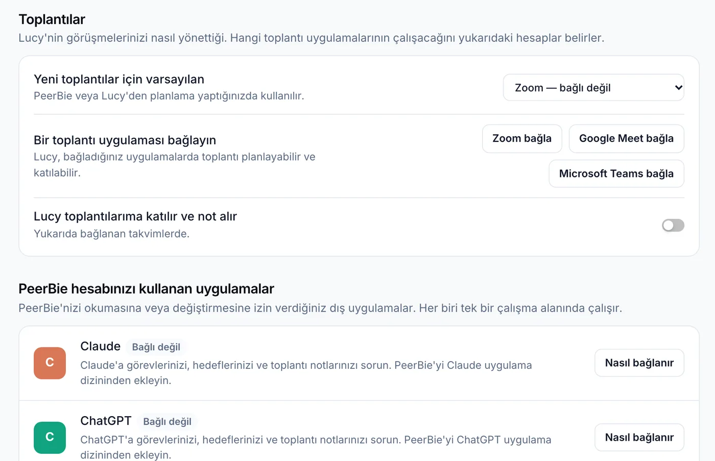 Bağlantılar sayfasının Toplantılar bölümü: yeni toplantılar için varsayılan uygulama, Zoom, Google Meet ve Microsoft Teams bağlama düğmeleri ve Lucy toplantılarıma katılır ve not alır anahtarı