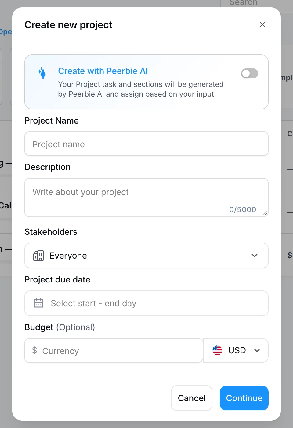 The Create new project window with the AI option, project name, description, stakeholders, due date and budget fields