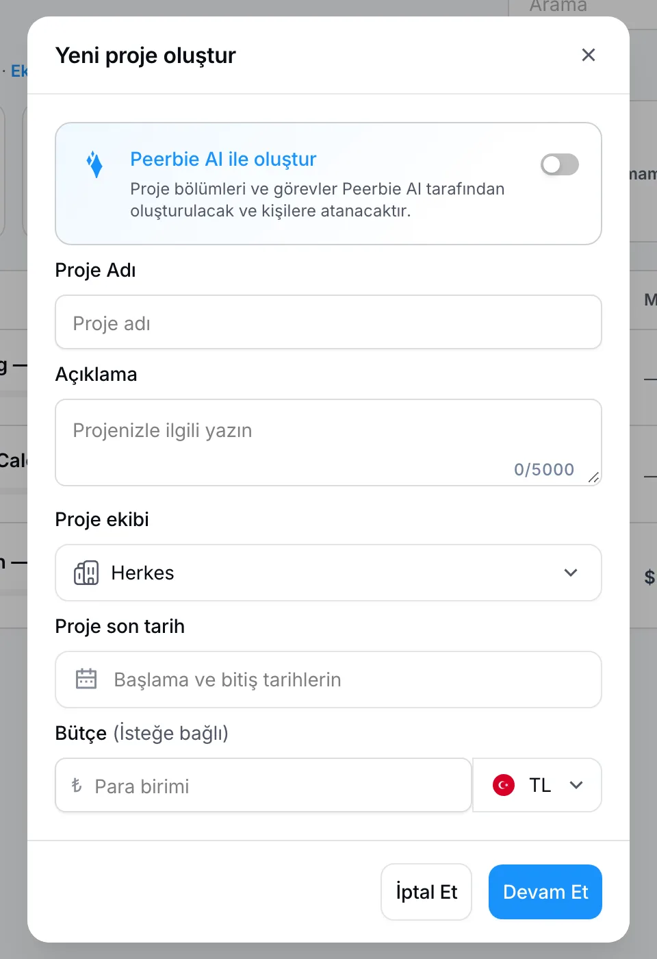 Yeni proje oluştur penceresi: yapay zeka seçeneği, proje adı, açıklama, proje ekibi, son tarih ve bütçe alanları