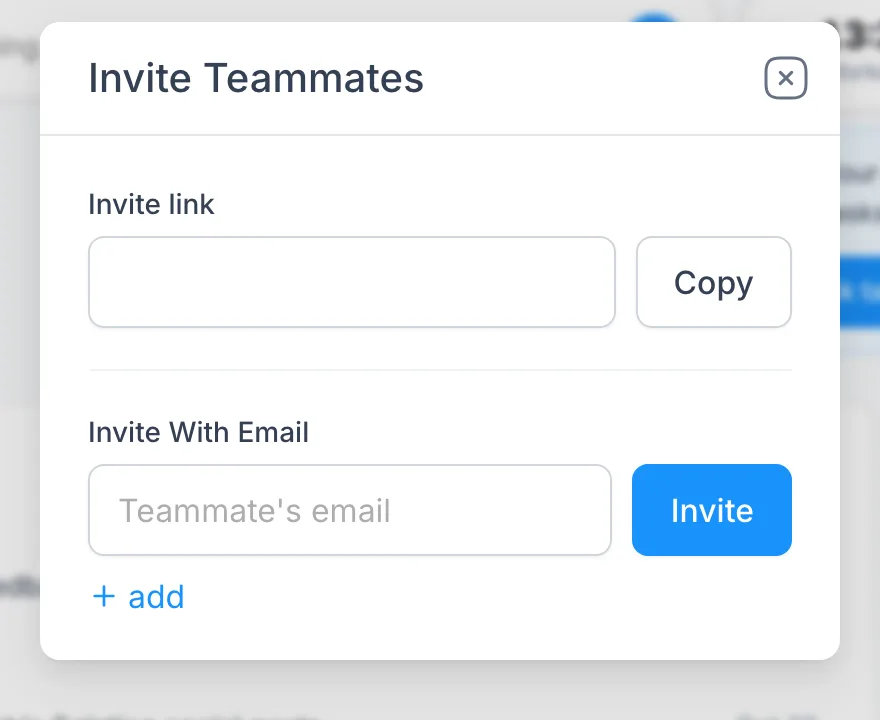 The Invite Teammates window in PeerBie with an invite link to copy and a field to invite people by email