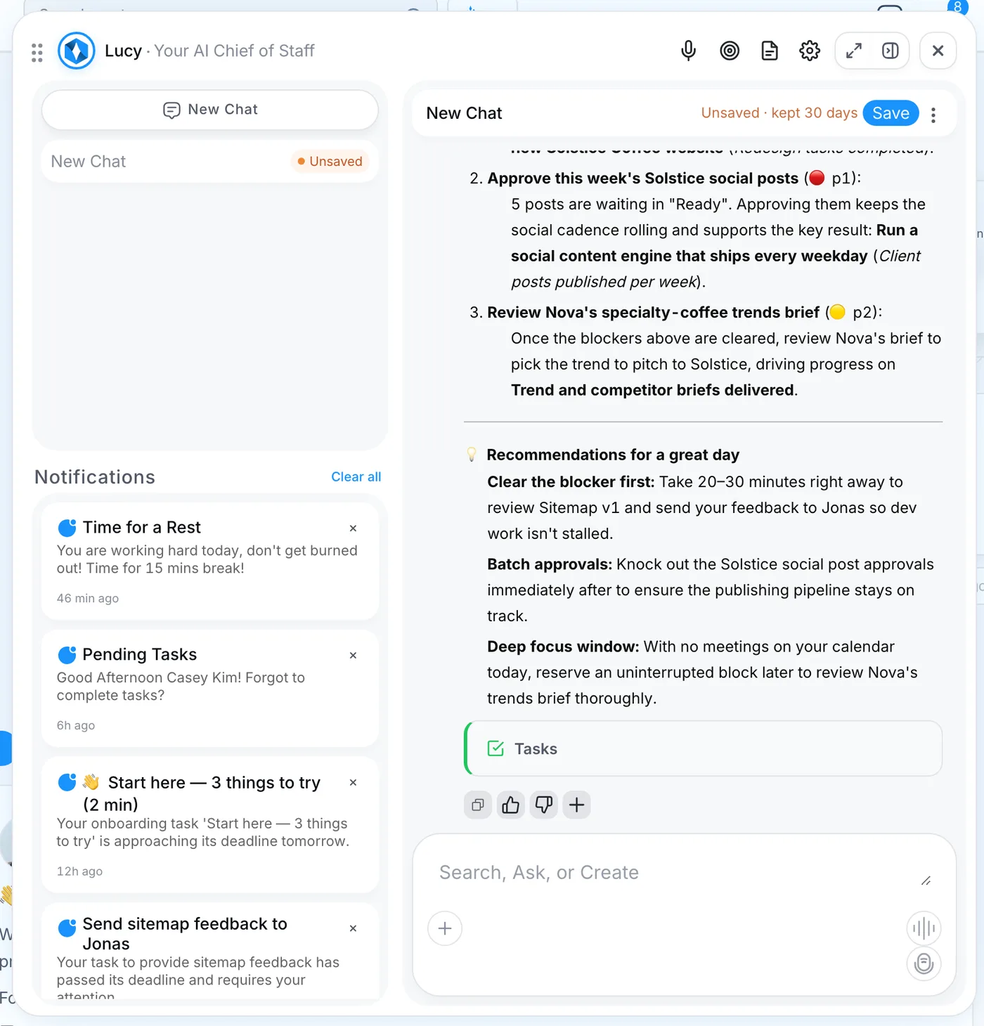 Lucy in PeerBie answering What should I focus on today with three priorities from the team’s real tasks, each with the reason