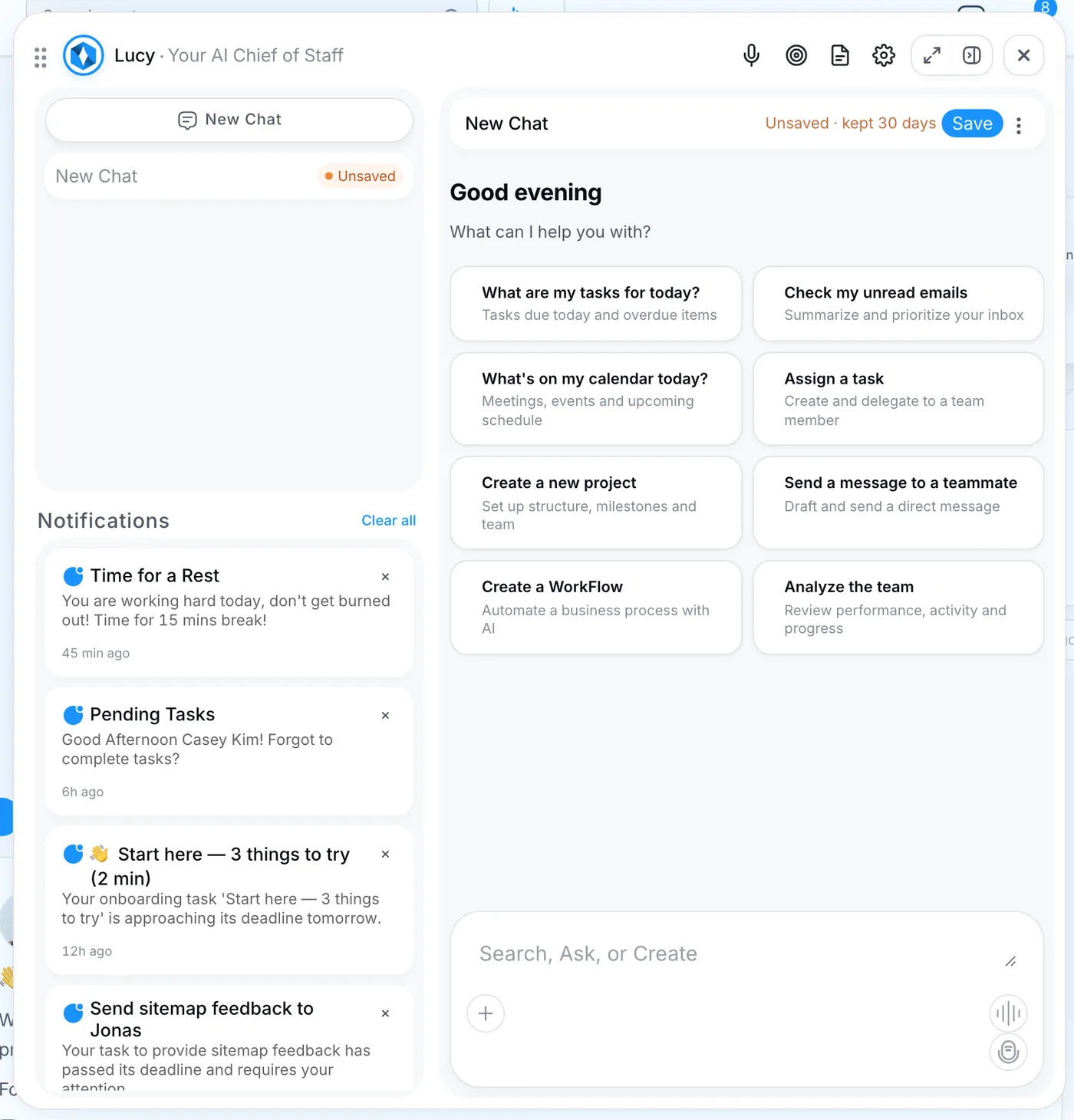 Lucy's panel in PeerBie: suggested questions such as What are my tasks for today and Create a new project, with notifications on the left