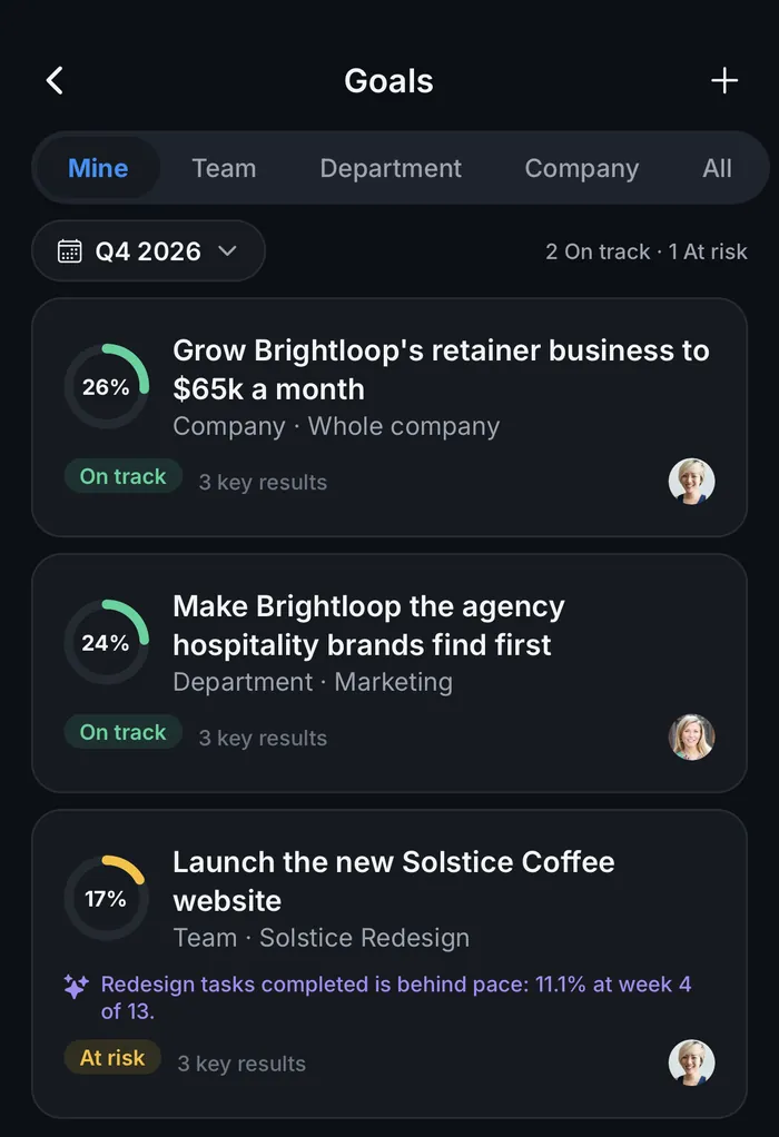 Goals screen in the PeerBie app for Q4 2026 with the Mine, Team, Department, Company and All tabs and three goals showing their progress, On track or At risk, and number of key results