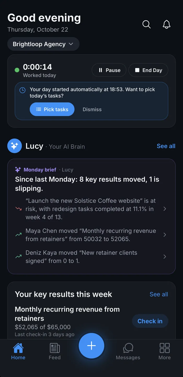 PeerBie app Home screen on iPhone in dark mode: Good evening greeting, the Brightloop Agency workspace, the workday clock with Pause and End Day, Lucy's Monday brief and your key results this week