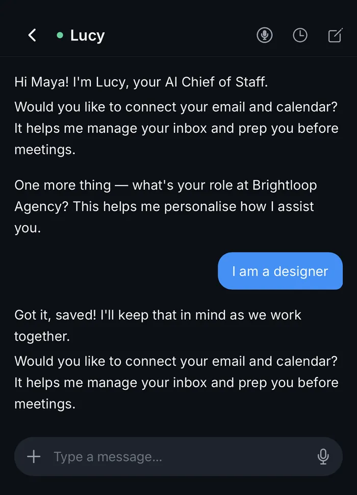 Chat with Lucy in the PeerBie app: Lucy greets Maya, asks about her role at Brightloop Agency and offers to connect email and calendar, with a message box and microphone at the bottom