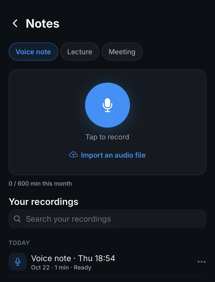 Notes screen in the PeerBie app: Voice note, Lecture and Meeting modes, the Tap to record button, Import an audio file, and the list of your recordings