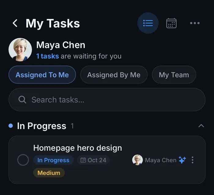 My Tasks screen in the PeerBie app with the Assigned To Me, Assigned By Me and My Team filters, a search box and one task in progress with its due date and priority