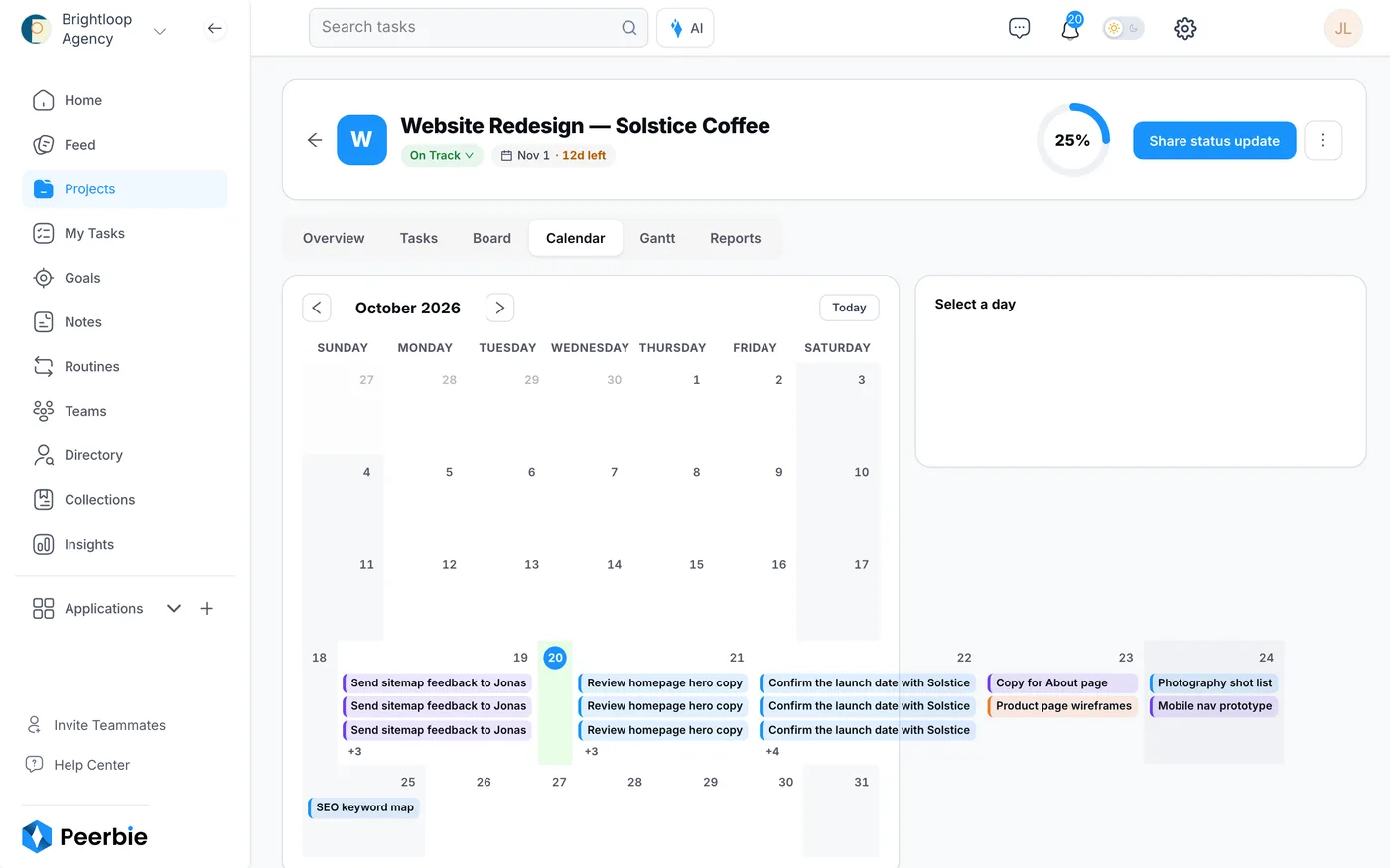 The Calendar tab of a project: a month view with each task on its due date