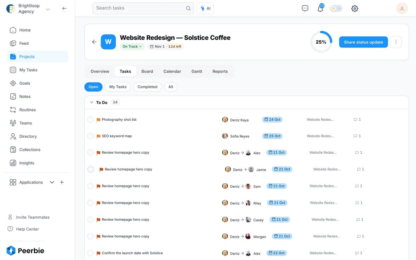 The Tasks tab of a project: tasks grouped by section, each with its owner, due date and comment count, filtered by Open, My Tasks, Completed or All