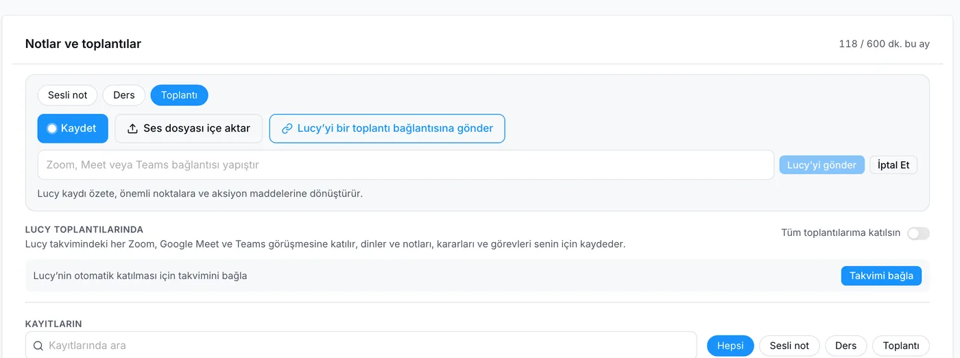 Lucy’yi bir toplantı bağlantısına gönder: Zoom, Meet ya da Teams bağlantısını yapıştırma kutusu ve Lucy’yi gönder düğmesi
