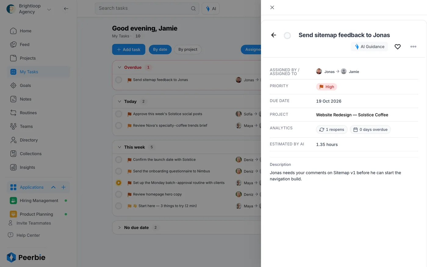 A task opened in PeerBie: who assigned it to whom, priority High, due date, project, how often it was reopened, an AI time estimate and the description