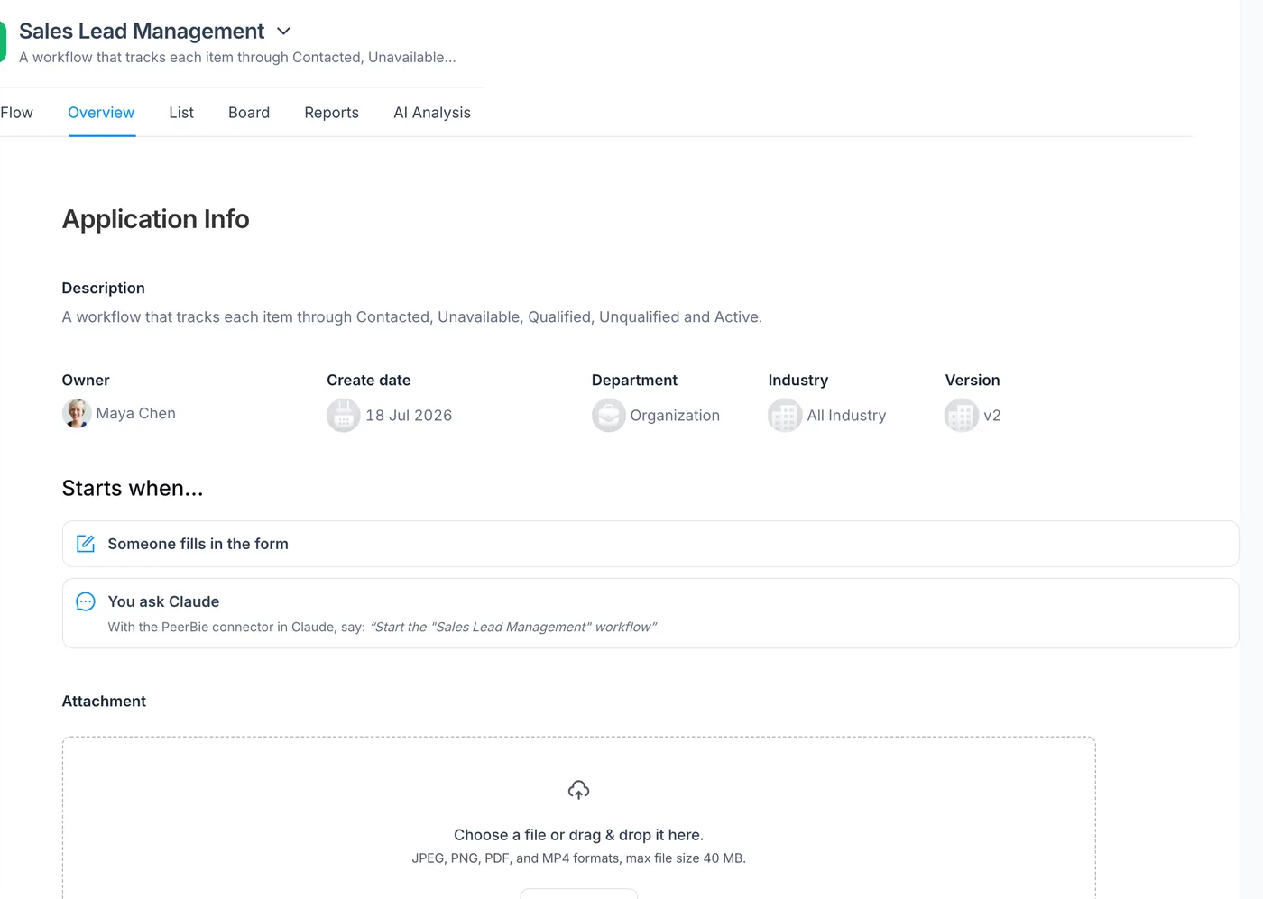 The Overview tab of a PeerBie workflow with the Starts when section, where you add the ways a workflow can start