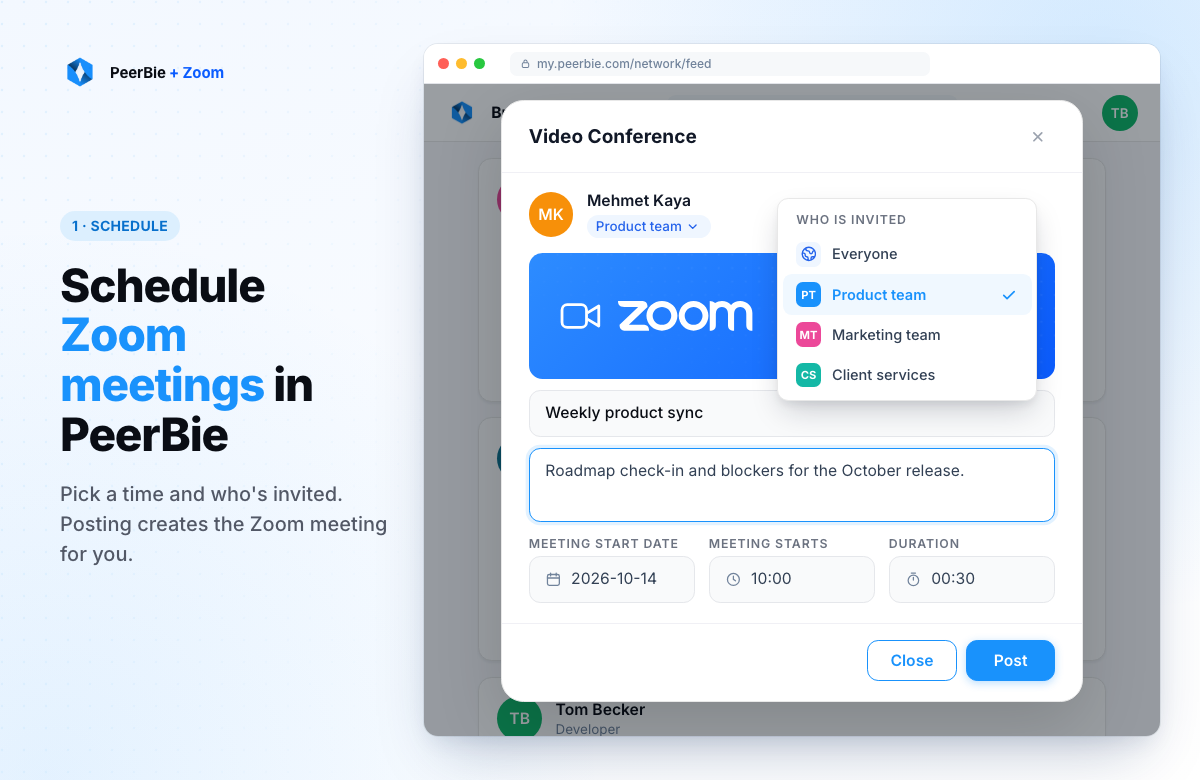 PeerBie's Video Conference composer with a title, description, start date, start time, duration and the list of who is invited